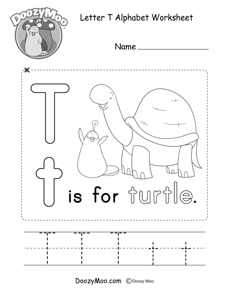 Letter T alphabet worksheet with turtle illustration