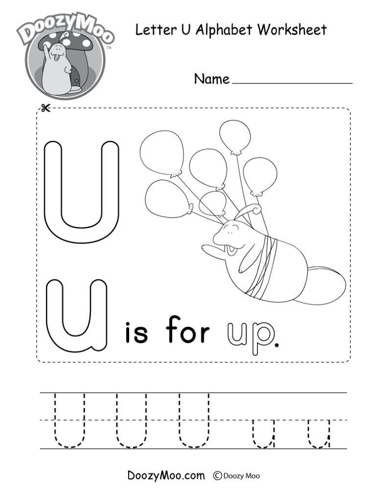 Letter U alphabet worksheet with balloons and animal