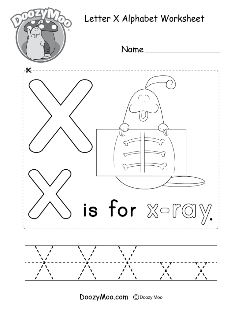 Letter X alphabet worksheet with x-ray image to trace