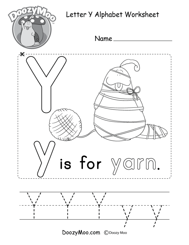 Letter Y alphabet worksheet with yarn illustration