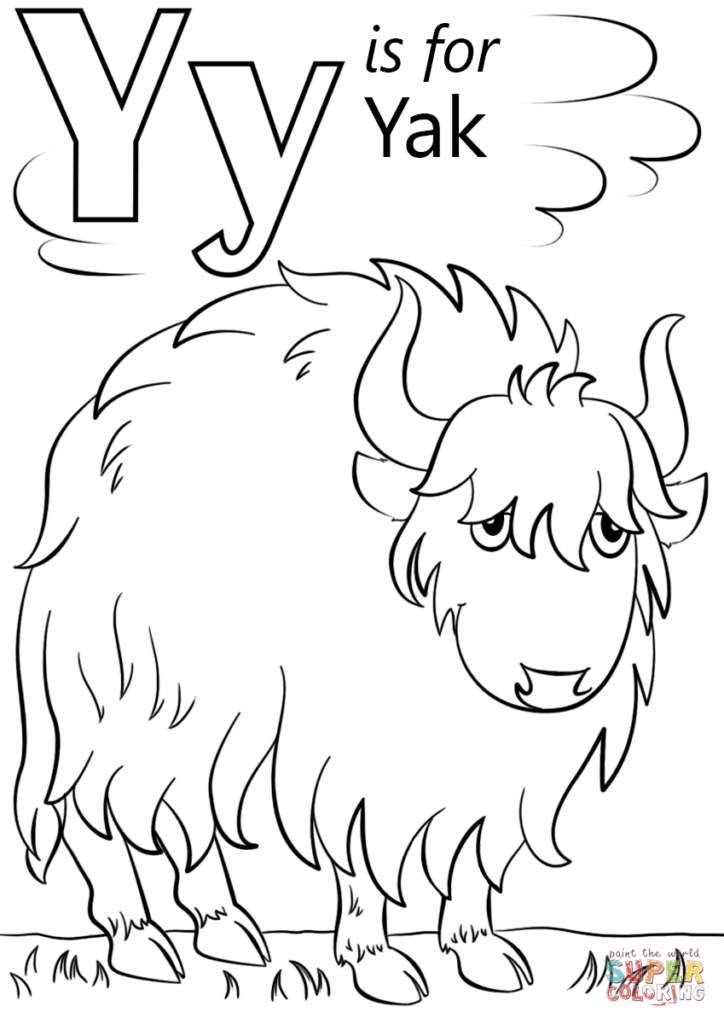 Y is for Yak coloring page with cartoon yak