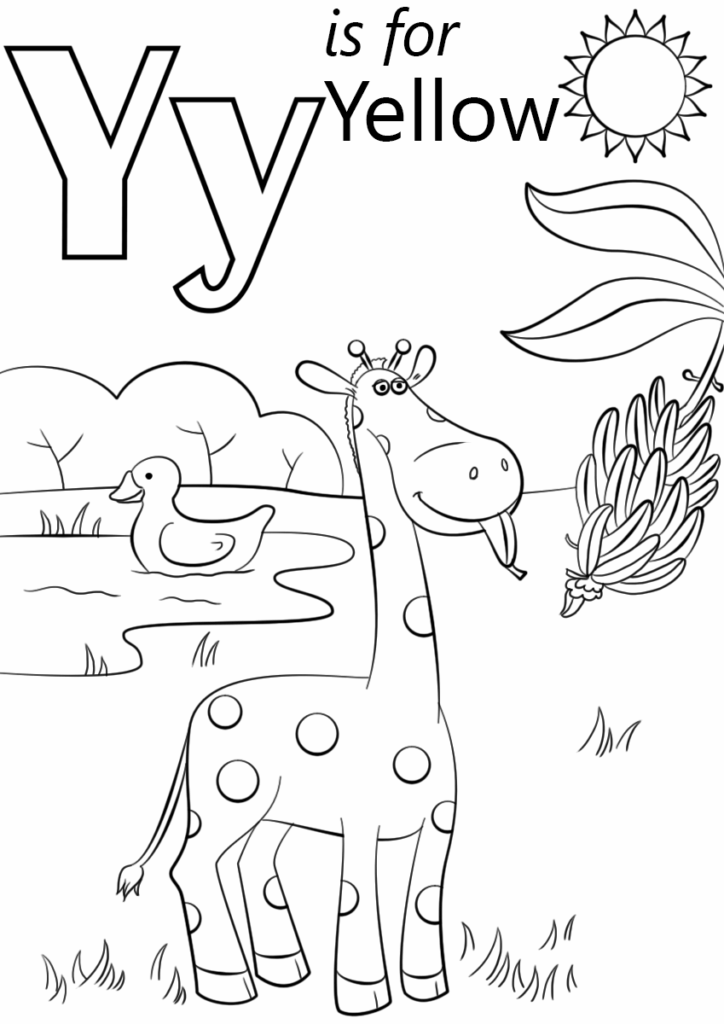 Letter Y coloring page with giraffe and duck pond