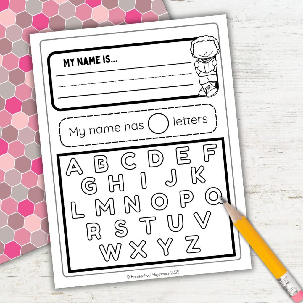 Alphabet worksheet with name lines and pencil pointing at Q