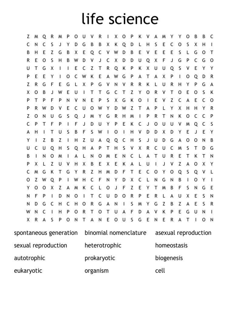 Life science word search puzzle with vocabulary list
