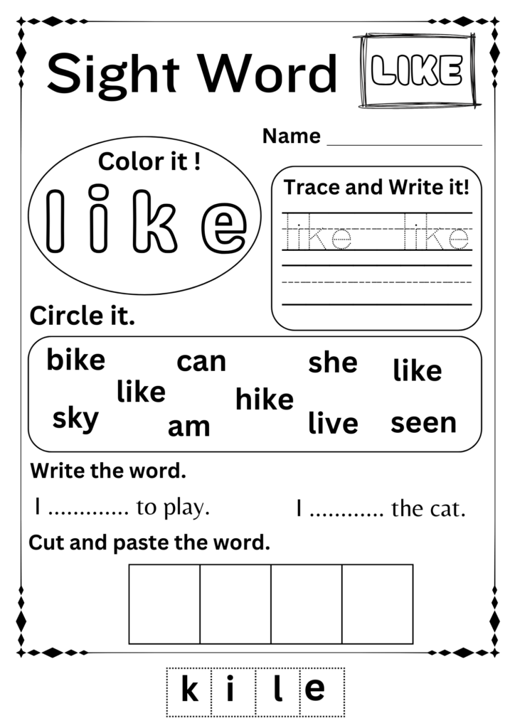 Sight word worksheet for “like” with practice sections and word list