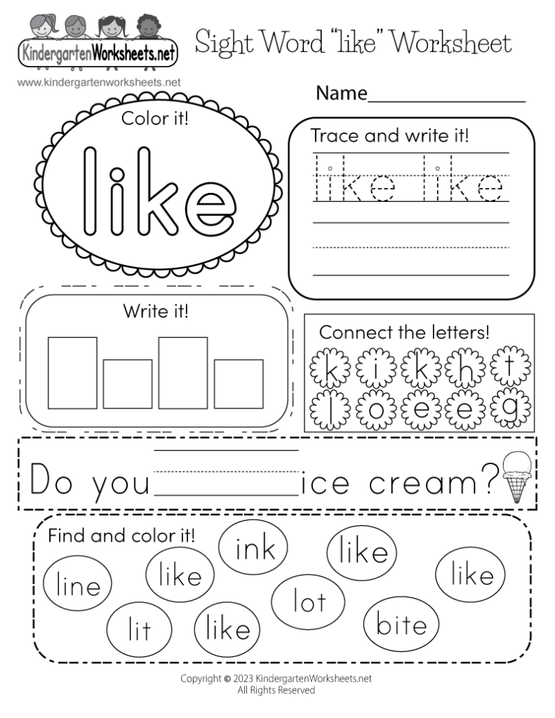 Kindergarten sight word worksheet with “like” activities