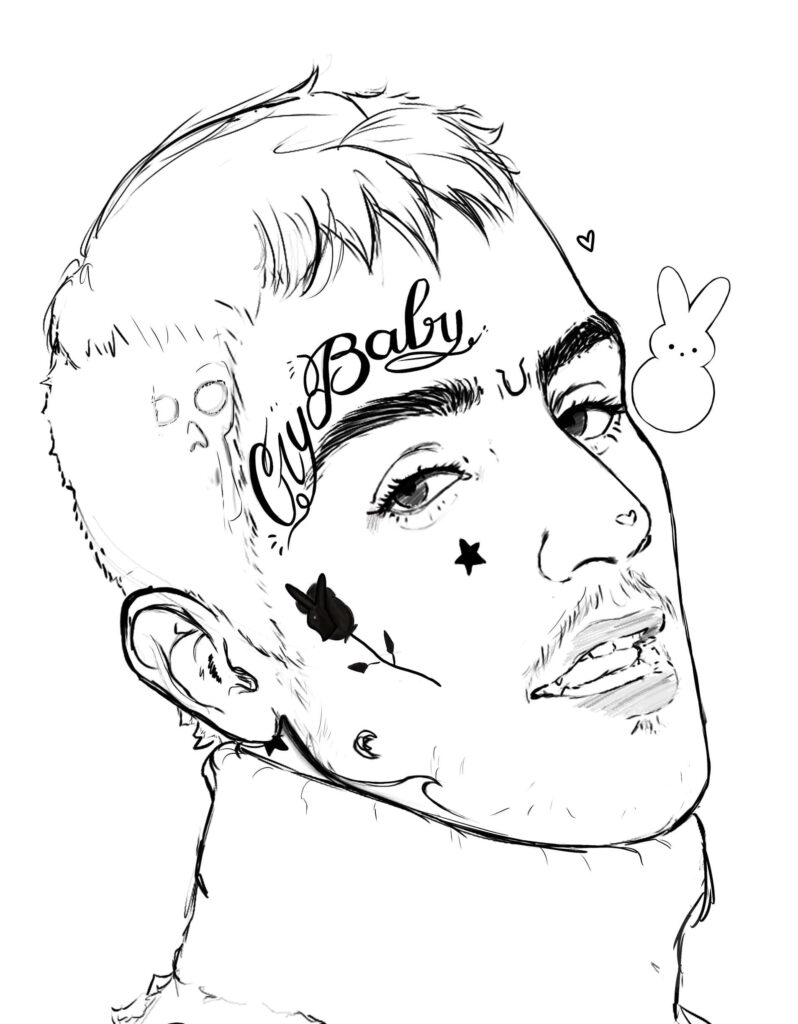 Black-and-white sketch portrait of a tattooed young man