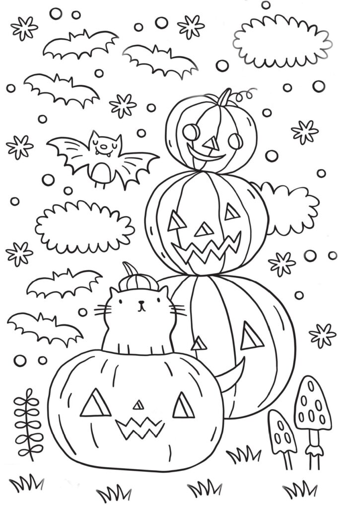 Halloween coloring page with pumpkins, bats, cat, mushrooms