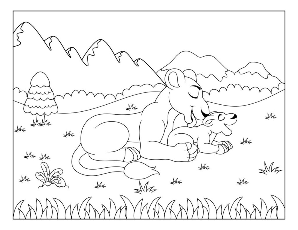 Lion and cub lying in mountain meadow line drawing