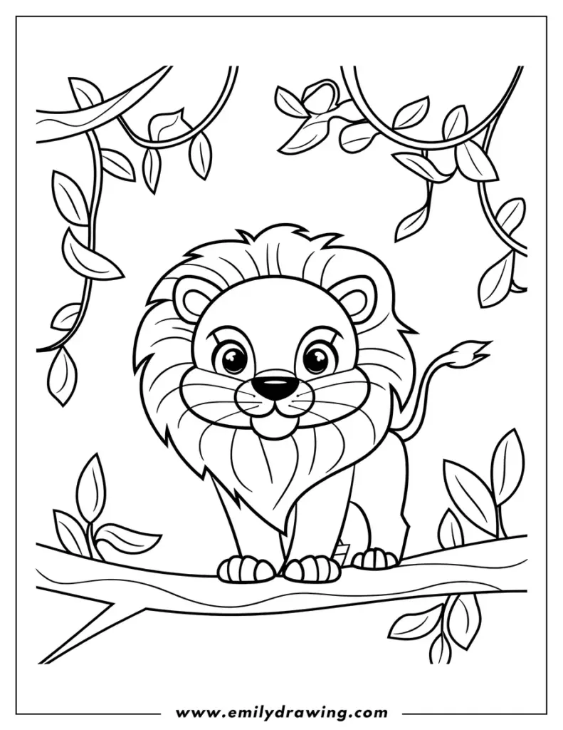 Cartoon lion cub on tree branch coloring page