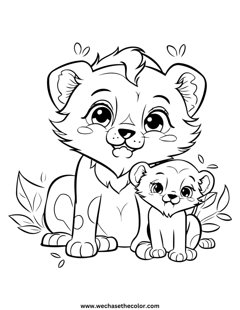 Two cartoon lion cubs sitting with leaves