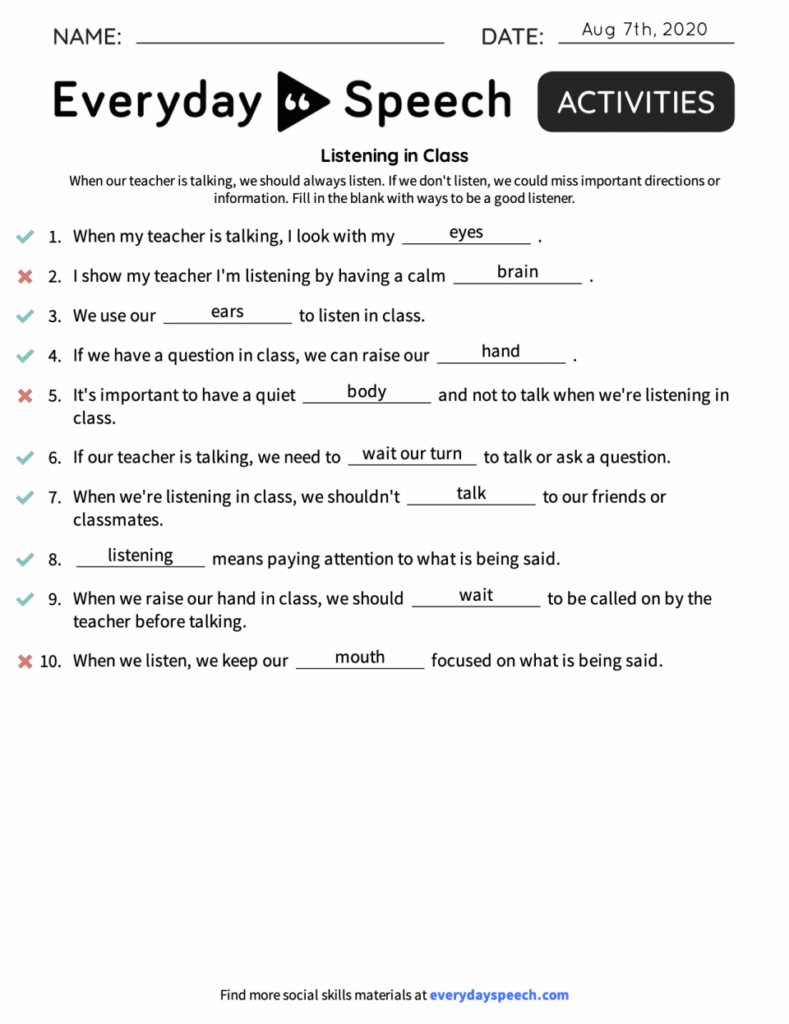 Listening in class worksheet with fill-in-the-blank questions