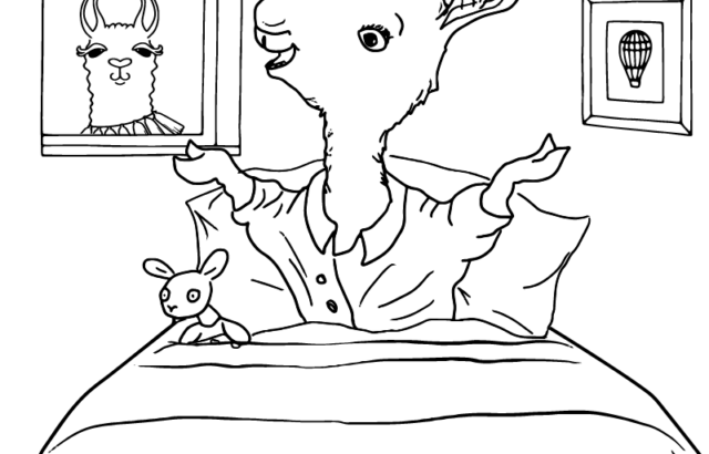 Cartoon llama sitting on a bed in a bedroom