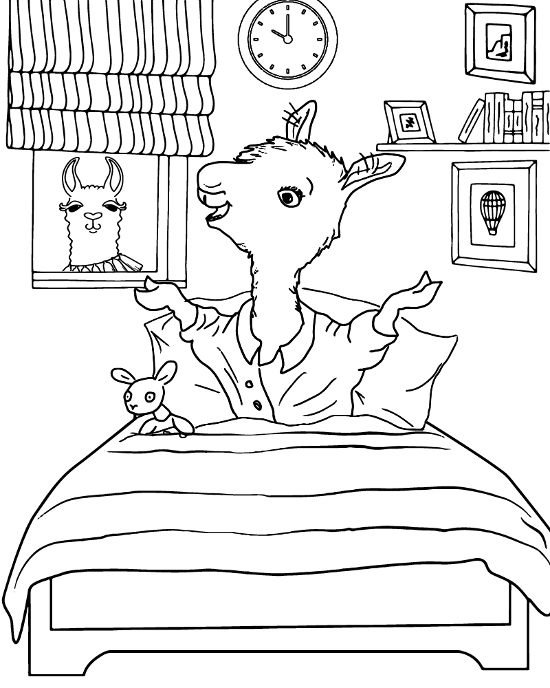 Cartoon llama sitting on a bed in a bedroom