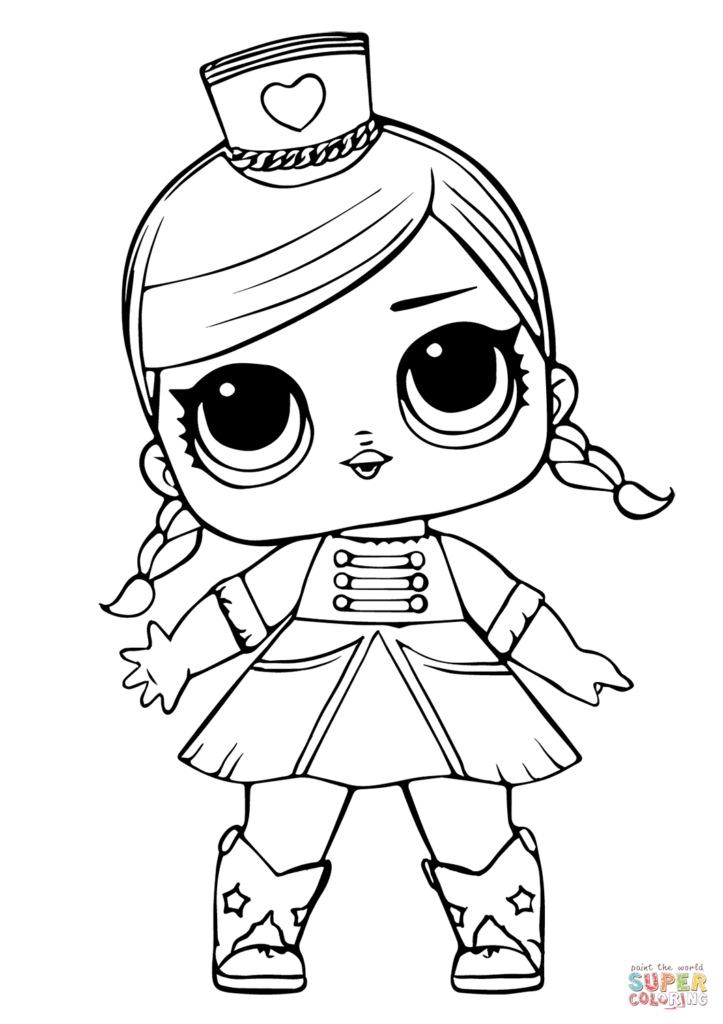 Black-and-white cartoon doll with braids and dress