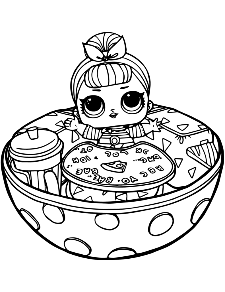 Cartoon doll sitting in polka-dot cup, holding pizza table