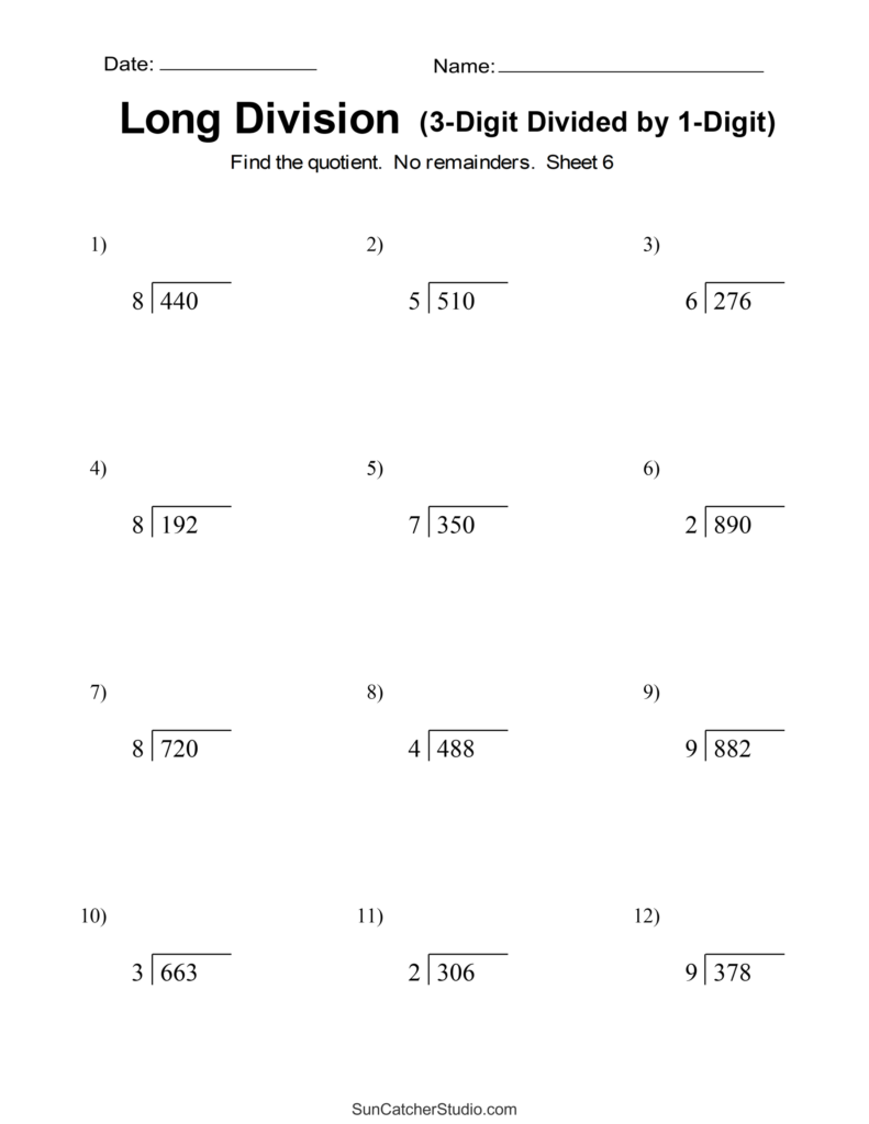 Long division worksheet with twelve problems and blank date/name lines