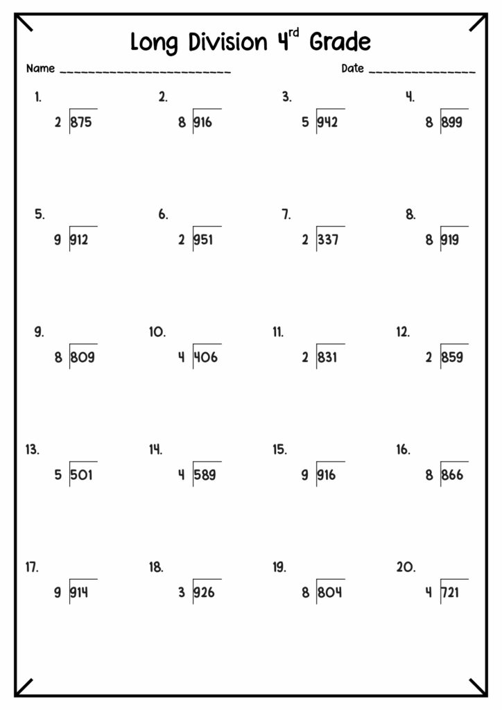 Fourth grade long division worksheet with twenty problems