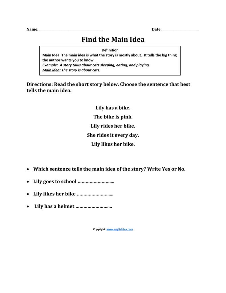 Educational worksheet page titled Find the Main Idea with definition box