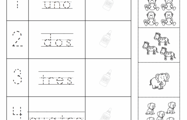 Spanish numbers worksheet with animals and scissors icon