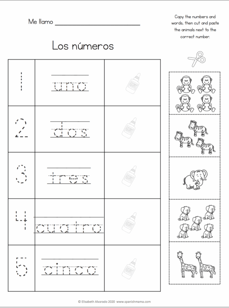 Spanish numbers worksheet with animals and scissors icon