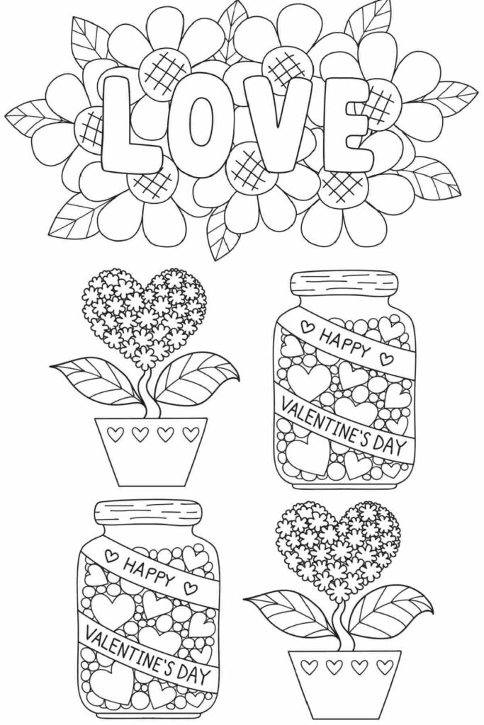 Valentine coloring page with flowers, jars, and LOVE text