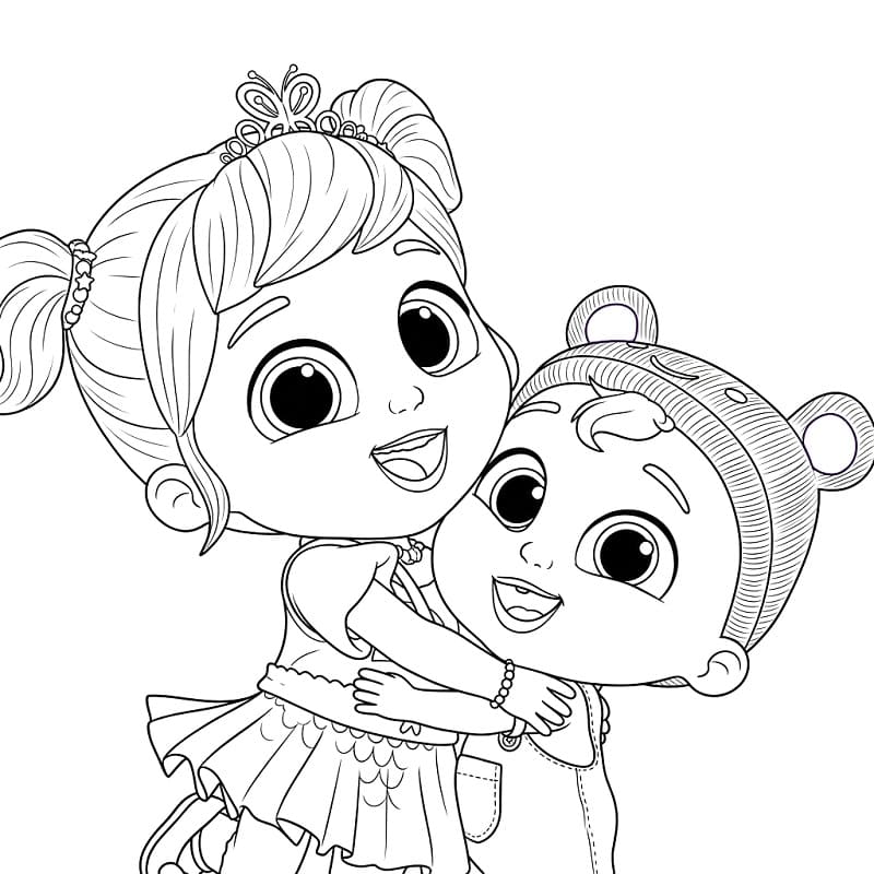 Two smiling cartoon children hugging on white background