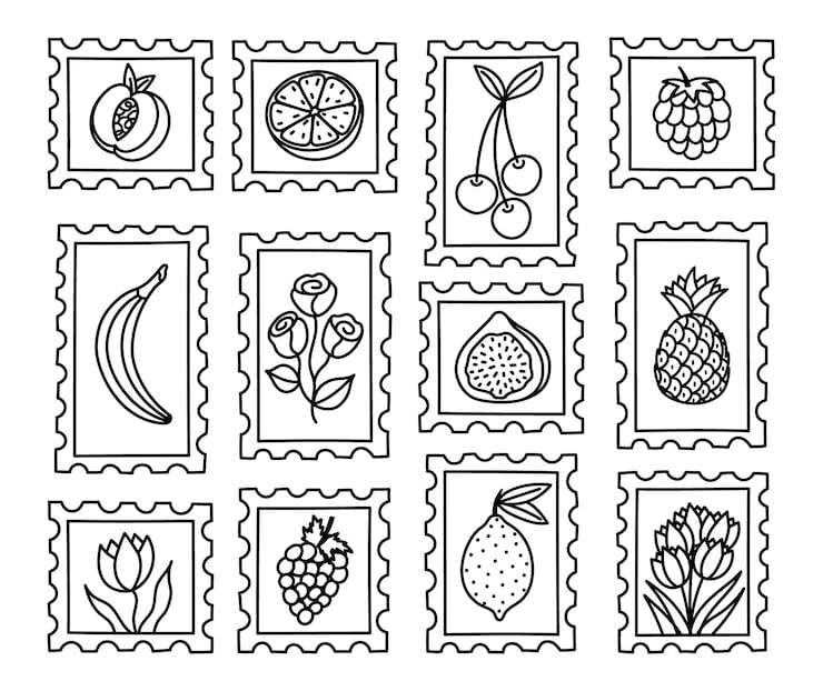 Black-and-white fruit and flower stamps on white background