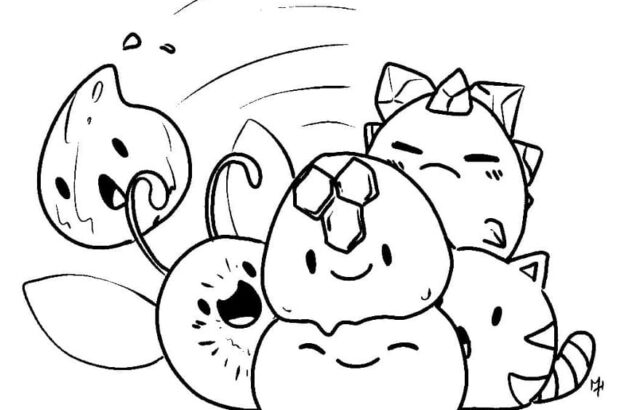 Cartoon doodle of five smiling blob creatures