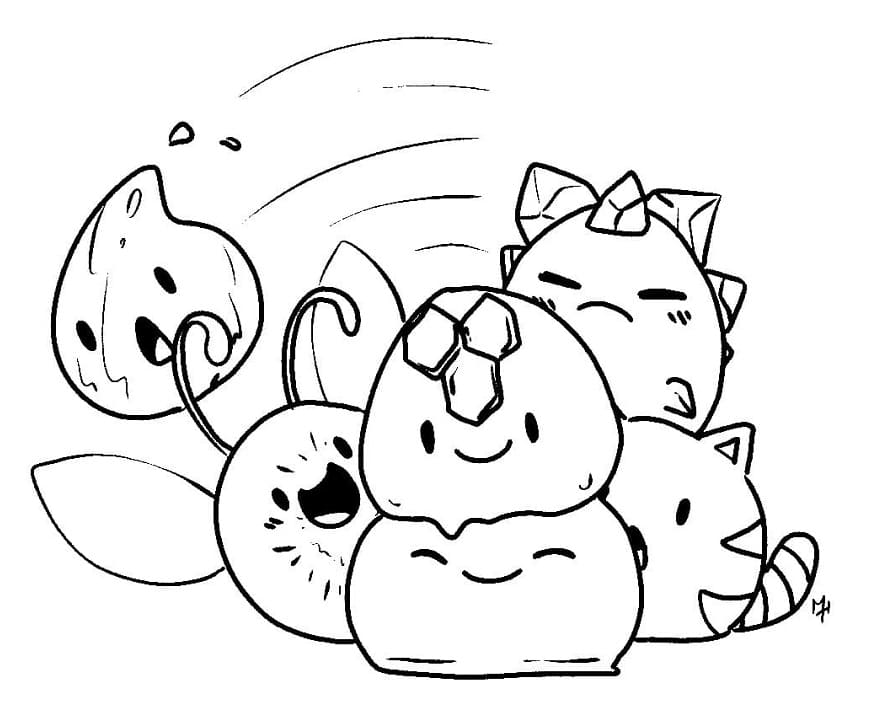 Cartoon doodle of five smiling blob creatures