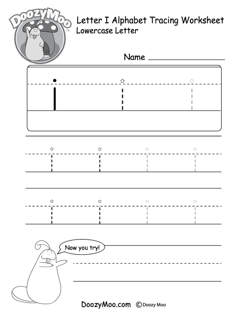 Letter I alphabet tracing worksheet with cartoon bear logo