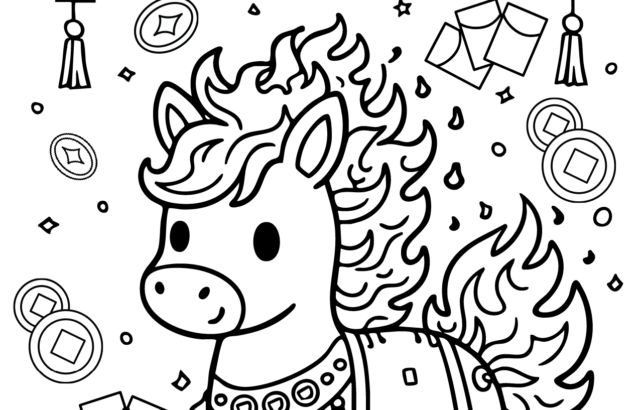 Year of the Fire Horse coloring page with lanterns, horse