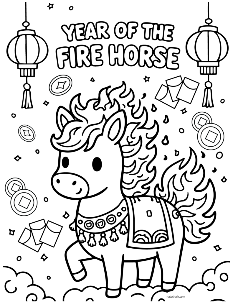 Year of the Fire Horse coloring page with lanterns, horse