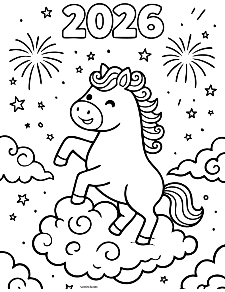Coloring page of unicorn and fireworks with 2026