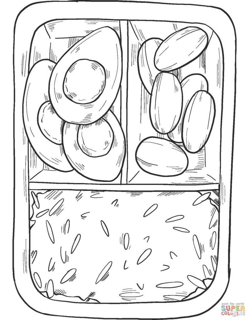 Black-and-white coloring page of a bento lunch box with food compartments