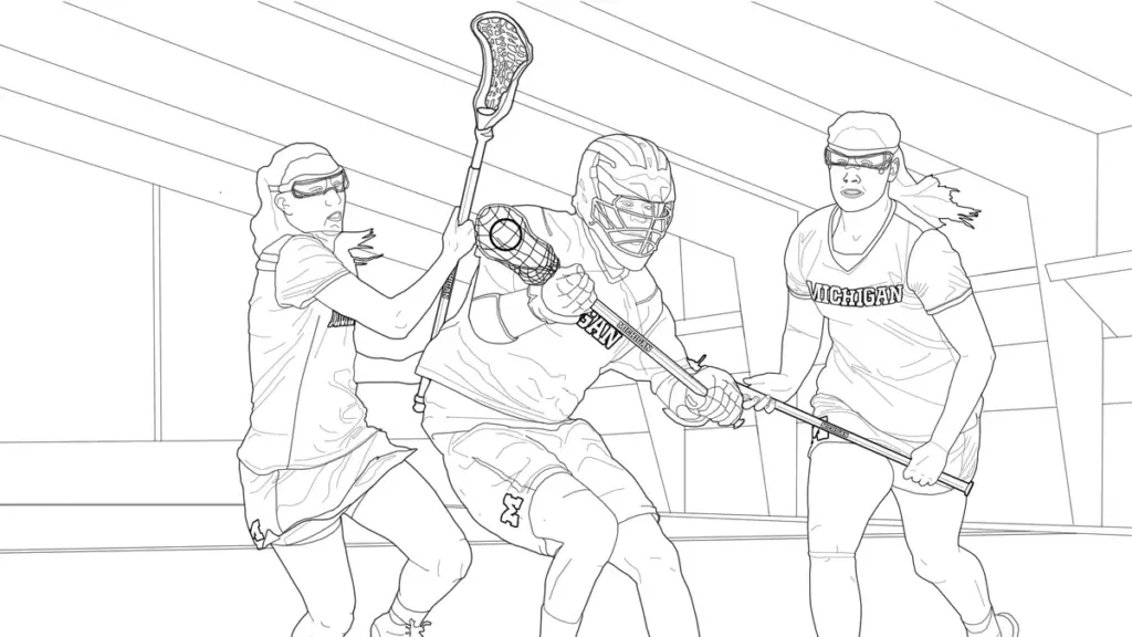 Three lacrosse players in a gymnasium, two women and one man