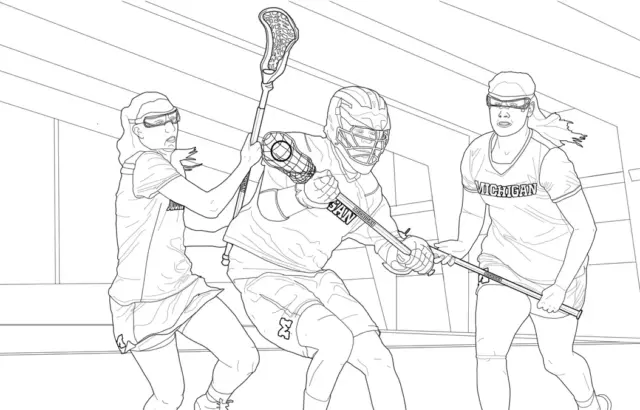 Three lacrosse players in a gymnasium, two women and one man