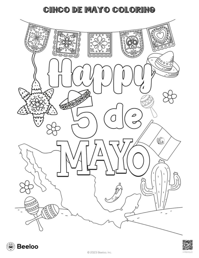 Cinco de Mayo coloring page with Mexican-themed illustrations