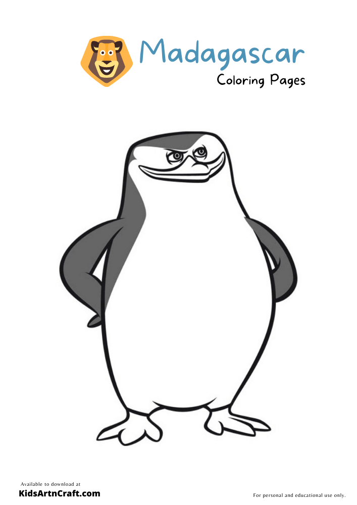Cartoon penguin coloring page with Madagascar title