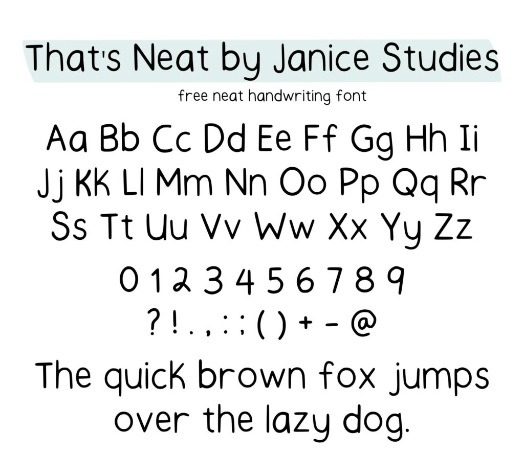Handwriting font sample sheet with letters, numbers, punctuation, and sentence