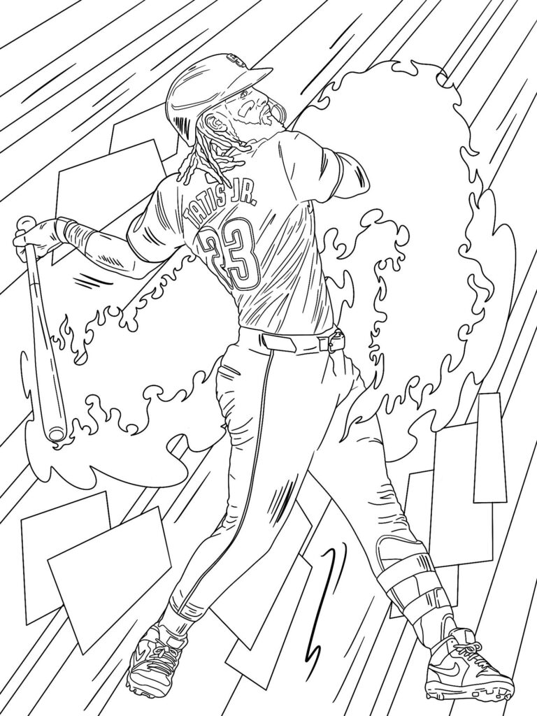 Line-art baseball player swinging bat amid stylized flames