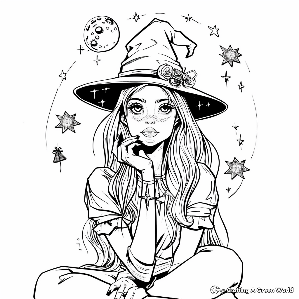 Black-and-white drawing of a girl in witch hat, stars