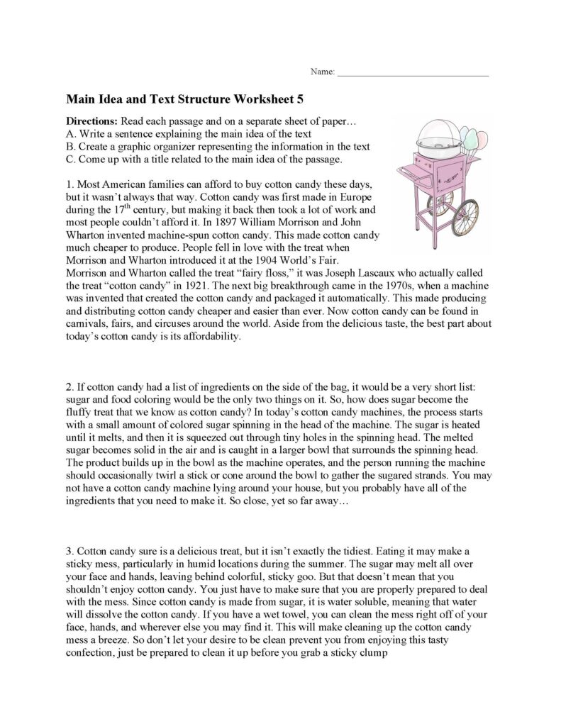 Cotton candy worksheet page with text and illustration