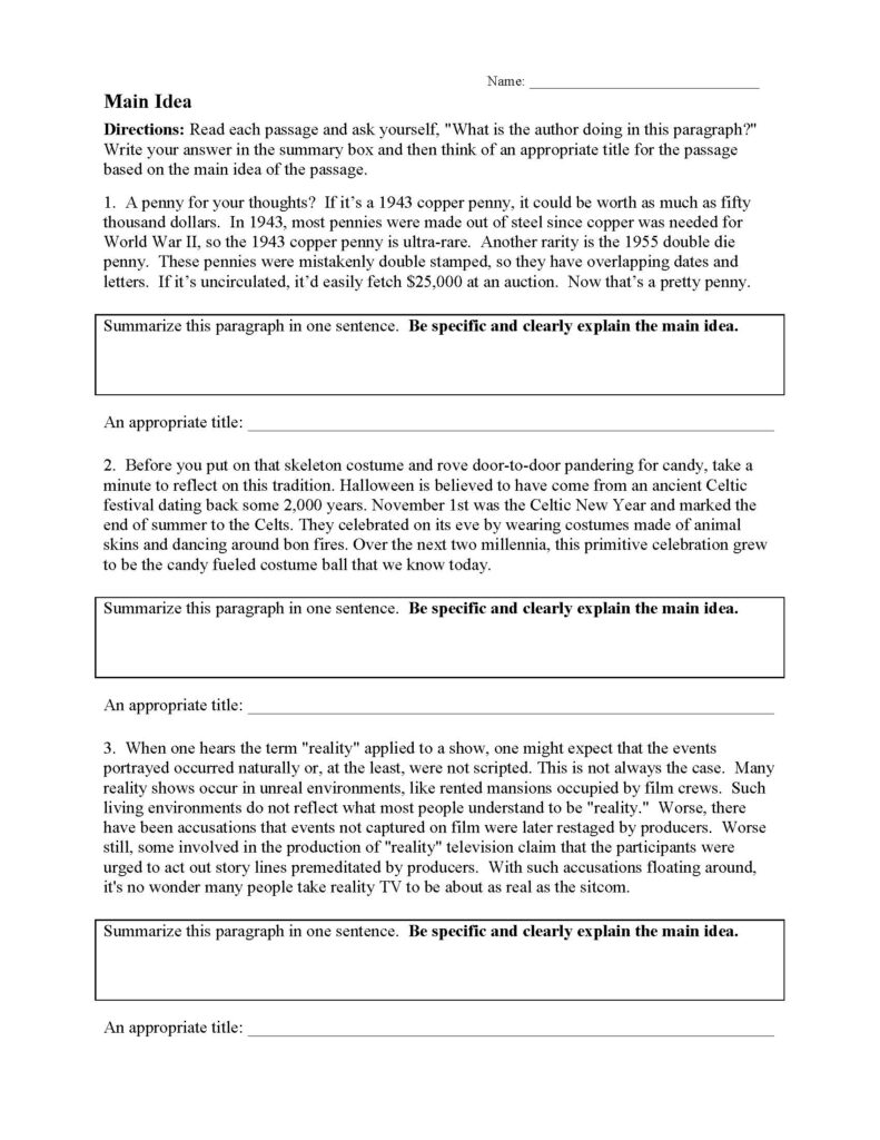 Main idea worksheet with three reading passages and blank boxes
