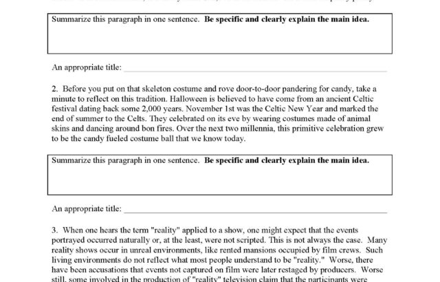 Worksheet page titled Main Idea with paragraphs and answer boxes.