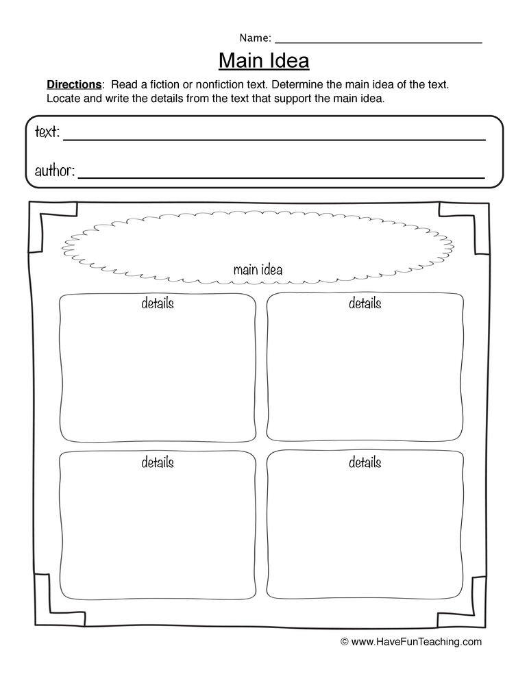 Main Idea worksheet with text and author fields and four detail boxes