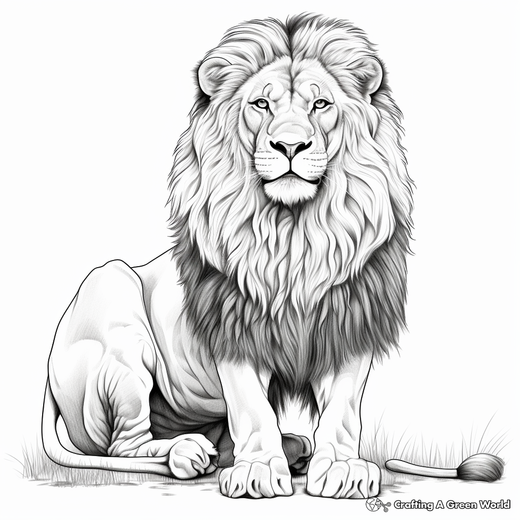 Black and white drawing of a seated lion