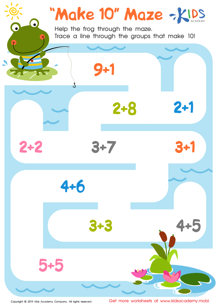 Frog maze worksheet with addition problems and pond plants