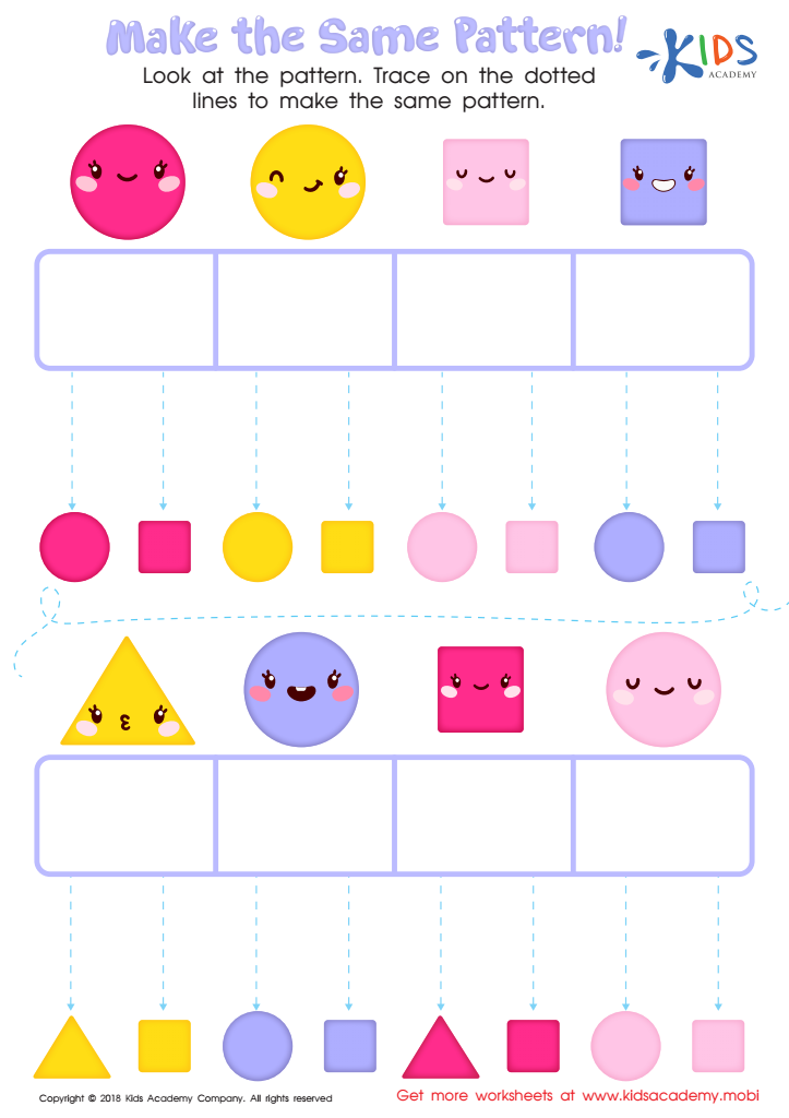 Kids worksheet with colorful shapes and smiley faces