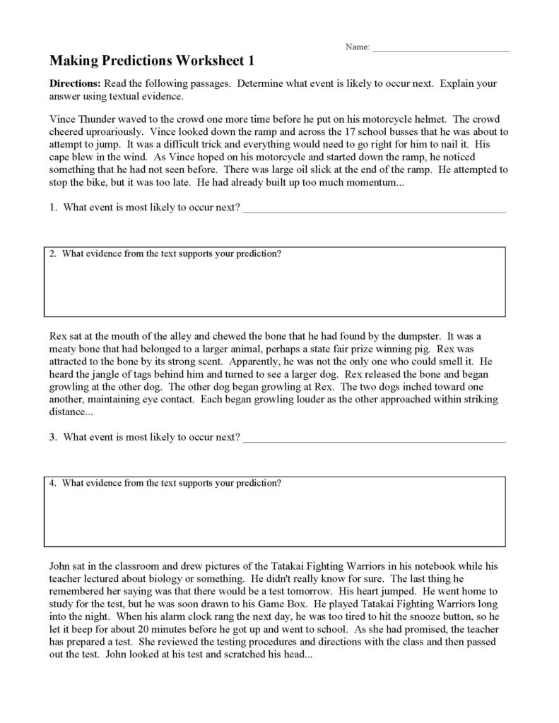 Printed making predictions worksheet with reading passages and questions